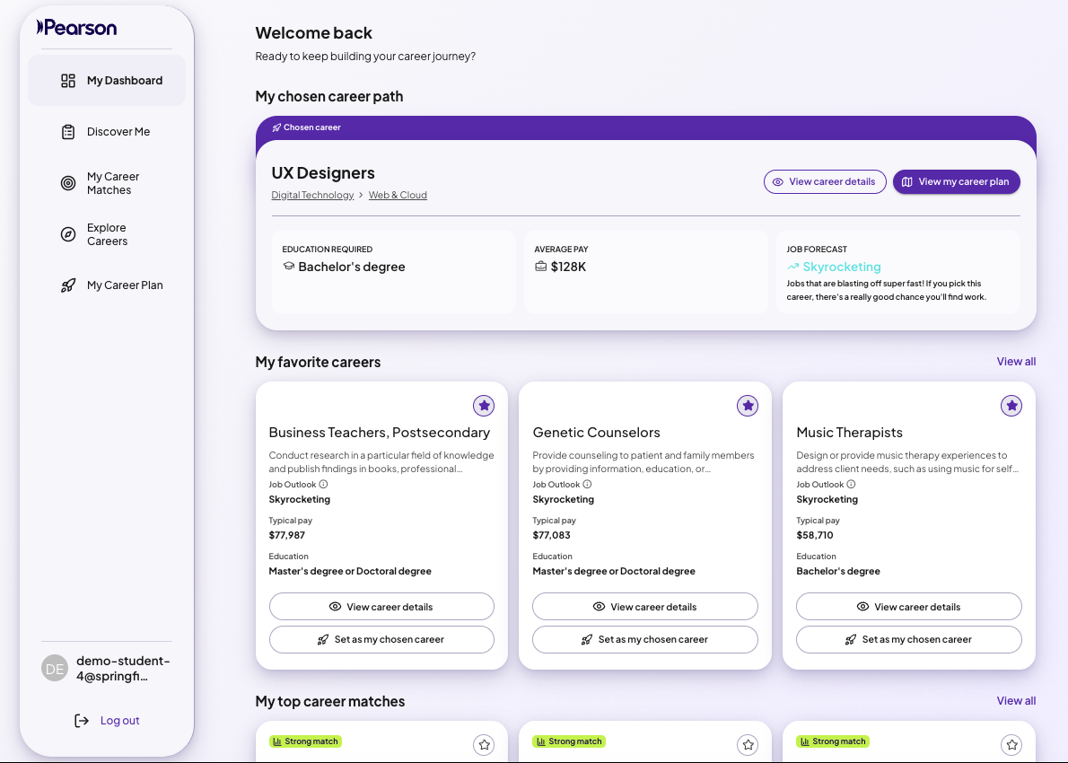 Career Ready Launch Studio dashboard showing a selected UX Designer career path.