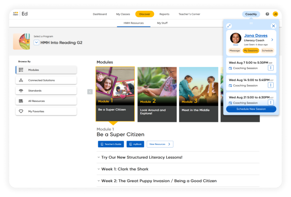 HMH Coachly panel alongside an HMH Ed instructional resources page.