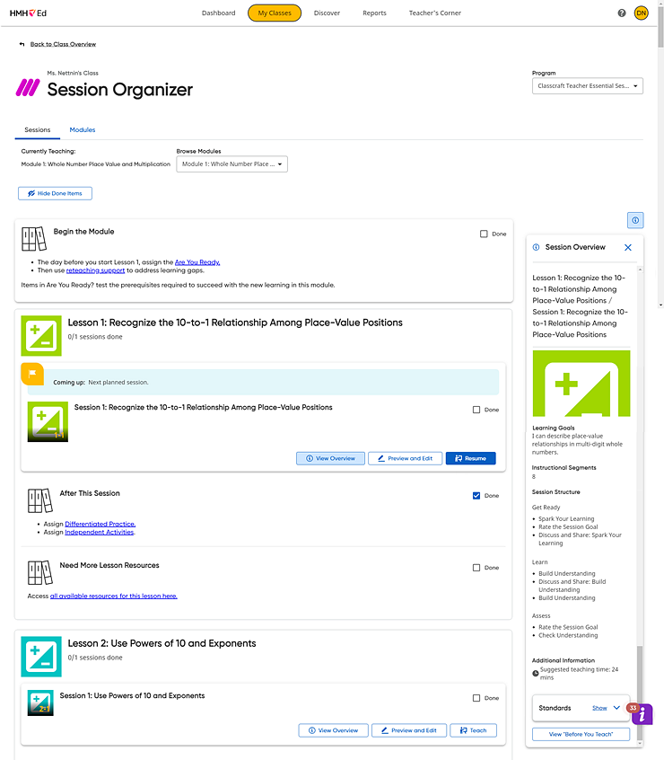Session Organizer interface showing lesson sessions and a session overview panel.